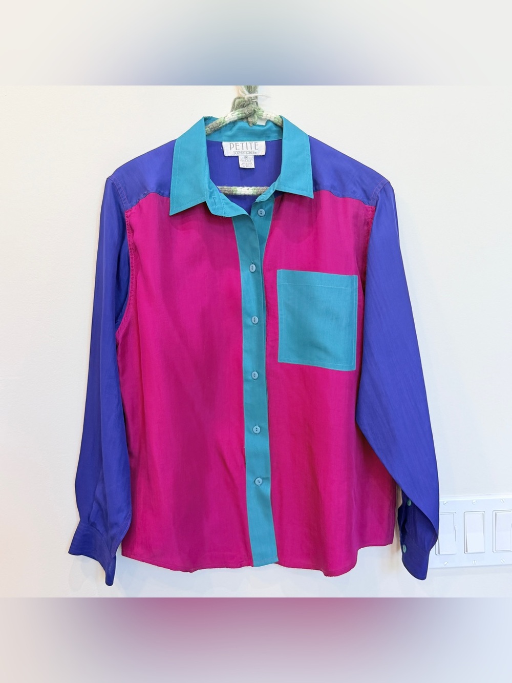 Vintage Silk Petite Sophisticate Color Block Blouse Medium Pink Teal Purple Y2K - Picture 5 of 13